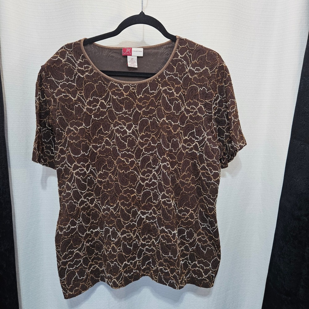 JM Collection Woman Brown Lace Overlay Knit Top Plus Size 2X Short Sleeve floral